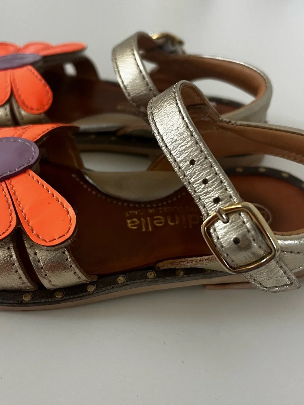 Girls Metallic Gold Sandals with Orange & Purple Flower Accent